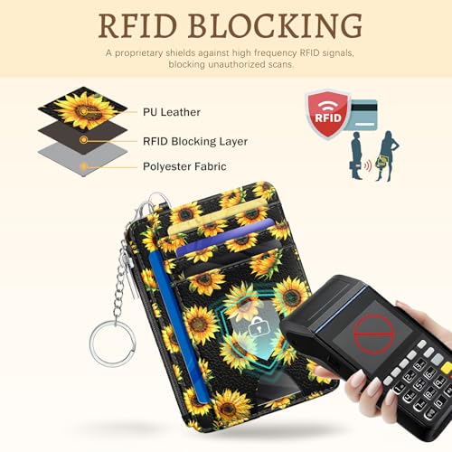 Image of Kelvoris Sunflower Credit Card Holder Small Wallet Women, Flowers Slim RFID | Keychain, Zipper Coin Pocket, Front Pocket Thin Travel Card Case, Minimalist, 6 Card Slots, 1 ID Window, Ladies Gifts Woman
