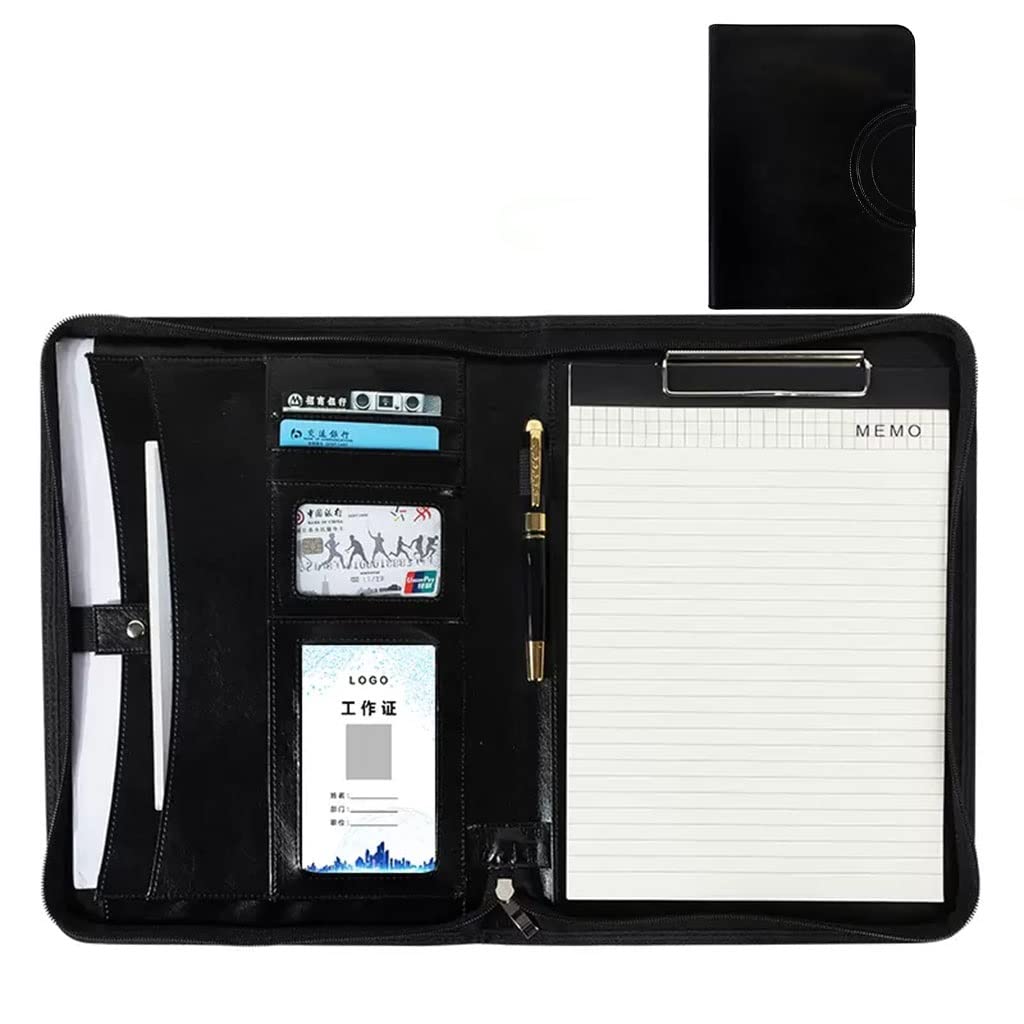 Schreibmappe A4 Klemmbrettmappe Portfolio-Ordner aus veganem Leder für Damen und Herren mit Griff, Reißverschluss, Notizblock, herausnehmbarem Ordner und Taschen für Tablet, Lebenslauf und Dokumente
