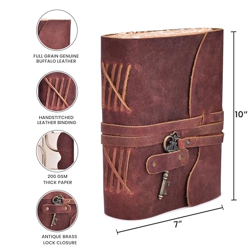 Image of LEATHER VILLAGE Black Leather Journal Key Lock, Mahogany Brown 10x7.