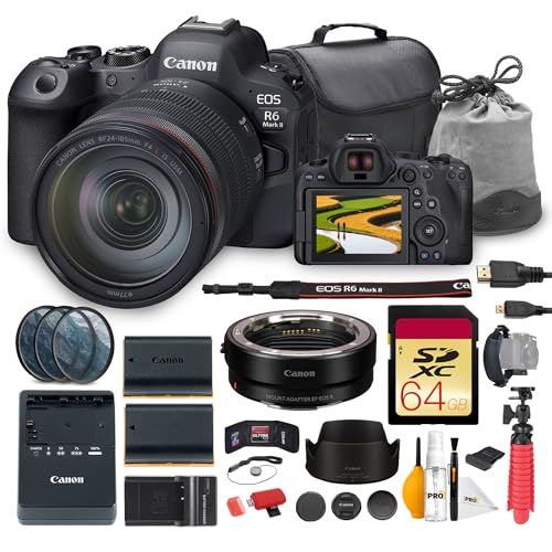 Canon EOS R6 Mark II Mirrorless Camera with 24-105mm f/4L is USM Lens Bundle | 24.2MP Sensor, Dual Pixel AF II & 4K 60p Video | for Events & Hybrid Creators + Adapter EF-EOS R + 64GB Card + More