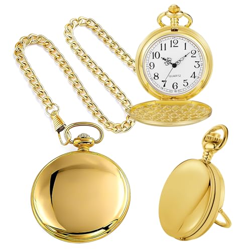 Image of Tiong Bracket Pocket Watch Design Smooth Case Arabic Numerals Quartz with Chain Gifts for Birthday Father's Day-Gold