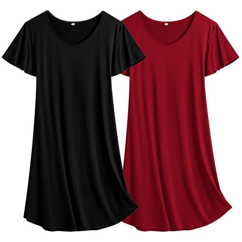 Image of Ekouaer 2 Pack Nightgowns for Women Short Sleeve Nightshirt Soft Sleepdress