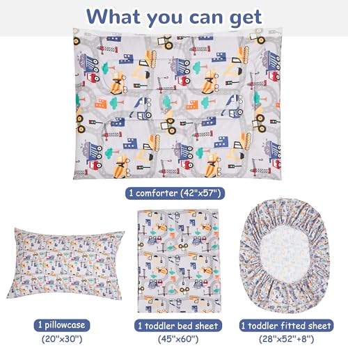 Image of lasoftan Construction Toddler Bedding Set for Boys, 4 Piece Bed-in-a-Bag Toddler Comforter Sets, Excavator, Cars Printed, Super Soft and Comfortable Microfiber Todeeler Bed Set