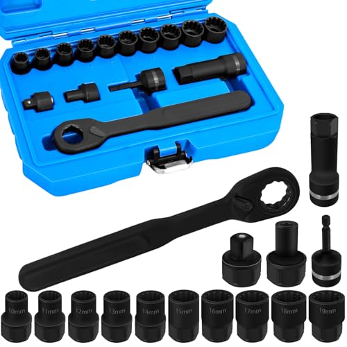 JEUCLEL 15PCS Metric Pass Through Socket Set 3/8Drive Go-Thru Ratchet Kit