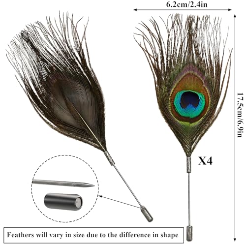 Image of RechicGu 4x Peacock Feather Brooch Pin Set - Black, Vintage Feather Brooch Badge for Western Cowboy Hats, Costumes, Hair Accessories, Lapel Stick Pin