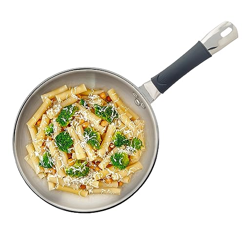 Image of ARAMEX Triply Stainless Steel Fry Pan 24cm with Silicon Grip [Without Lid, 3 Ply - SS430 Stainless Steel, Aluminium, SS304 Stainless Steel, Induction, Heats Evenly, Thick Gauge, Dishwasher Safe]