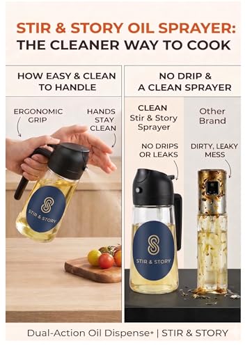Image of Stir and Story Oil Dispenser and Sprayer Glass Bottle for Kitchen with Handle 500ml | 2-in-1 Olive Oil Spray for Cooking | Fine Mist & Pour Spout | For Air Fryer, Salad, BBQ & Kitchen