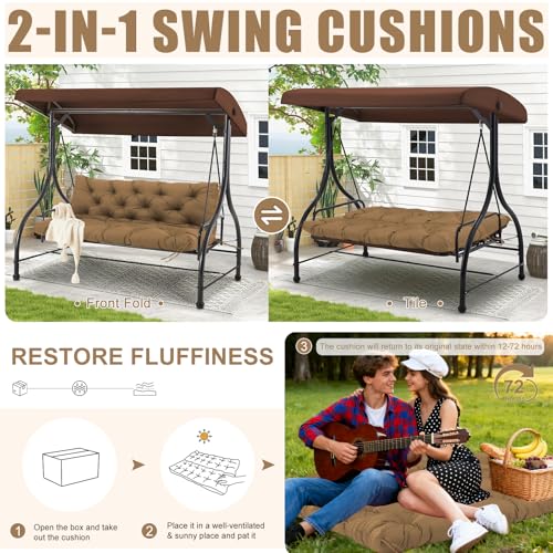 Image of Porch Swing Cushions Outdoor 48 inch x 40 Waterproof Swing Cushions 3 Seater Replacement with Backrest & 8 Ties 5 inch Thick Bench Swing Cushions for Outdoor Furniture Patio(Brown)