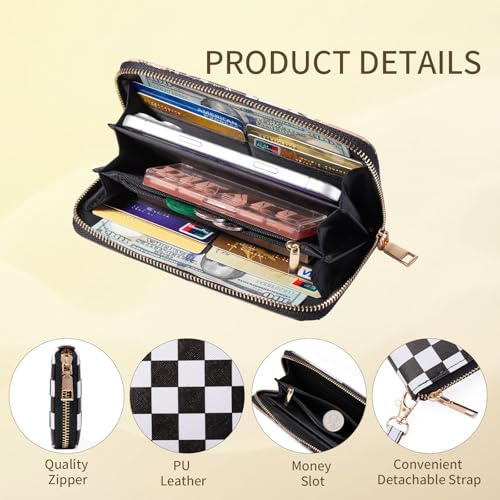 Image of Checkered Cow Print Wallet For Women Skull Goth Frog Butterfly Turtle Ladies Cluth Wristlet Wrist Strap Long Purse Zip Around Card Holder