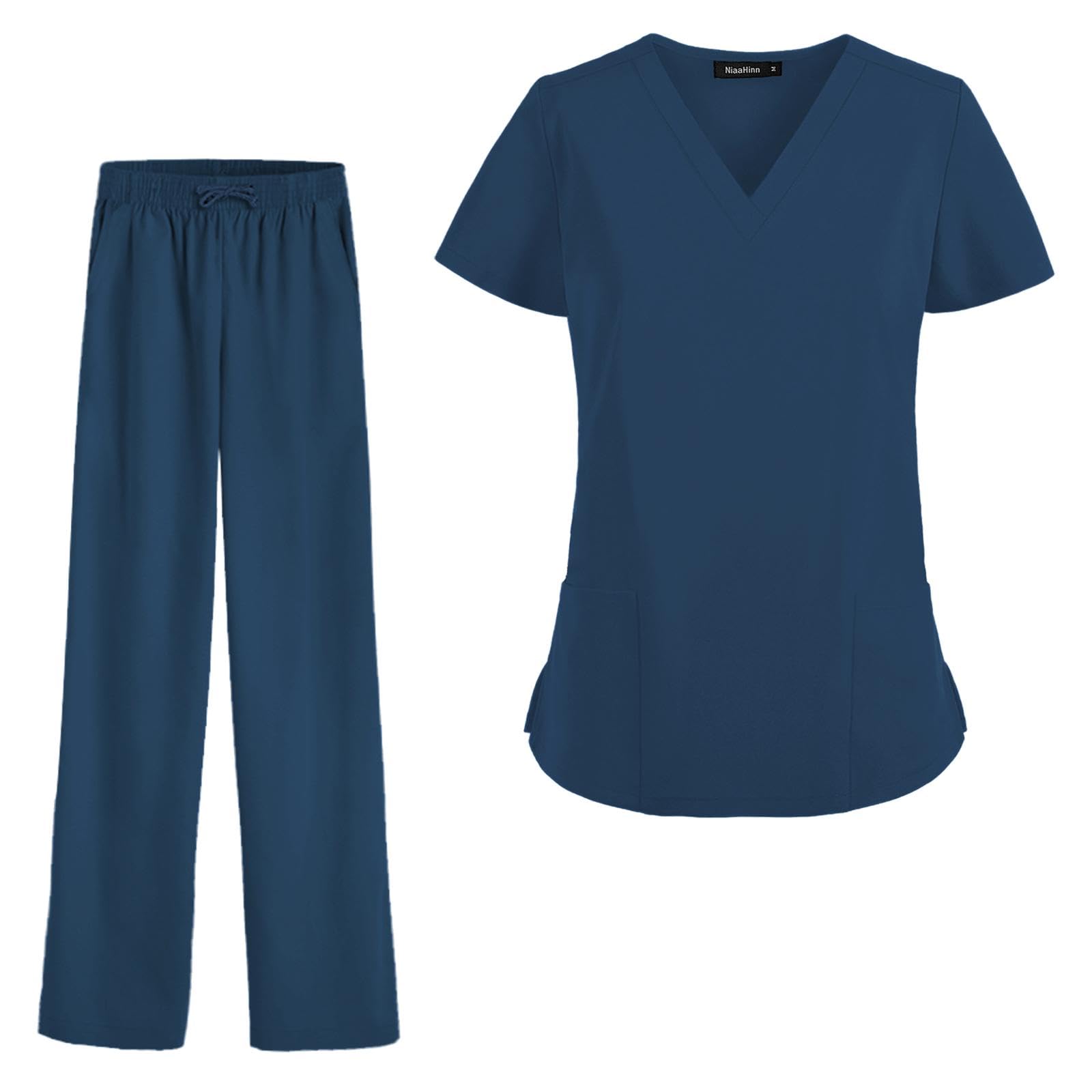 Oshhni Frauen Scrubs Sets Arbeitskleidung Kleidung Dünne Krankenpflegeuniformen Set Kurzarm für Skin Manage Cosmetology Beauty Spa Center, Marine, xxL