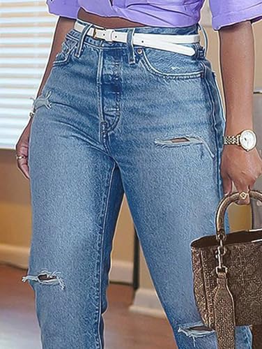 Flamingals Straight Leg Barrel Leg High Rise Casual Ripped Split Hem Wash Denim Jeans Without Belt3