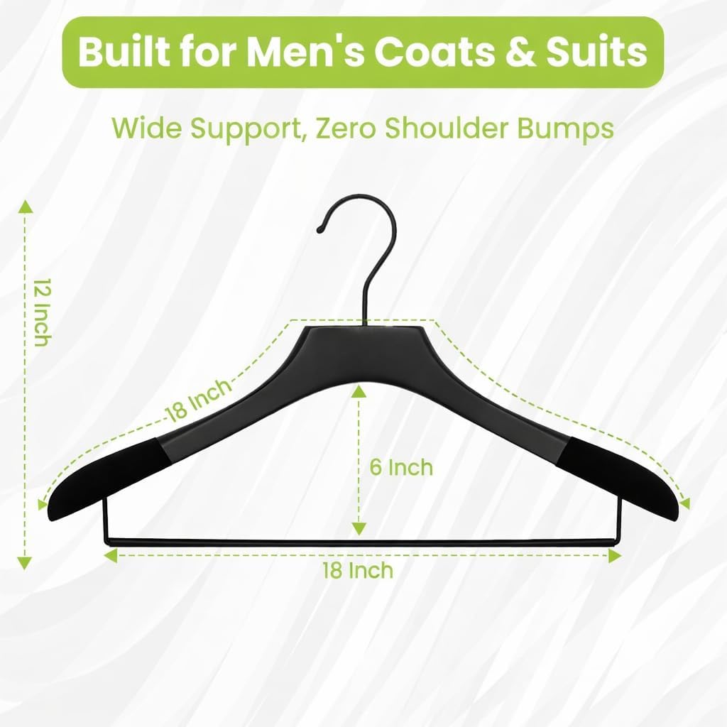 Wooden Suit Hangers for Men, Wide Shoulder Design for Men’s Suits, Coats & Jackets, Heavy Duty Garment Organizer with Pant Bar, Black with Black Velvet, 6 pcs