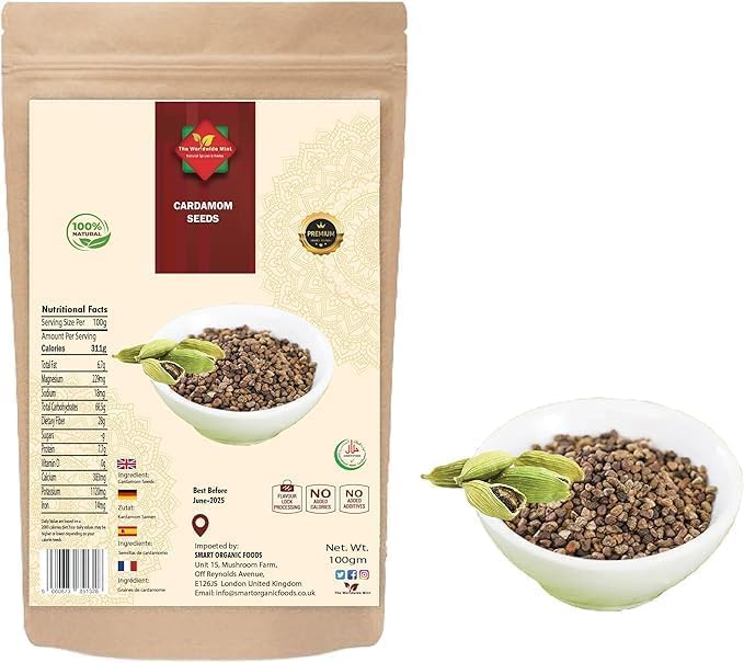 Graines de Cardamome 100g | Graines de Cardamome Entières | 100% Naturelles, Sans Additifs, Non OGM | Arôme Intense et Goût Unique pour Cuisine, Thé et Pâtisserie
