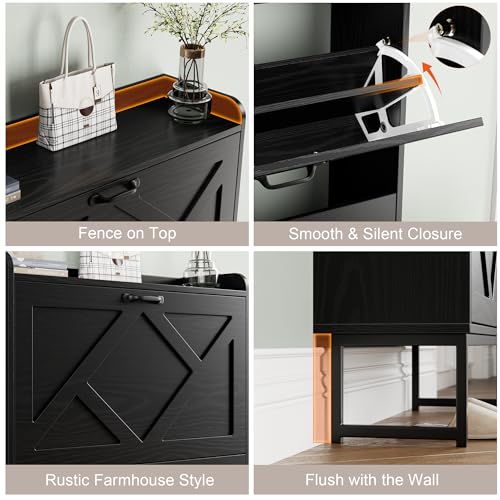 Image of Nicetree Shoe Storage Cabinet with 2 Flip Drawers, Freestanding Shoe Organizer, Shoe Cabinet with Metal Legs, Narrow Shoe Rack Cabinet, Farmhouse Slim Shoe Cabinet for Entryway, Foyer, Hallway, Black