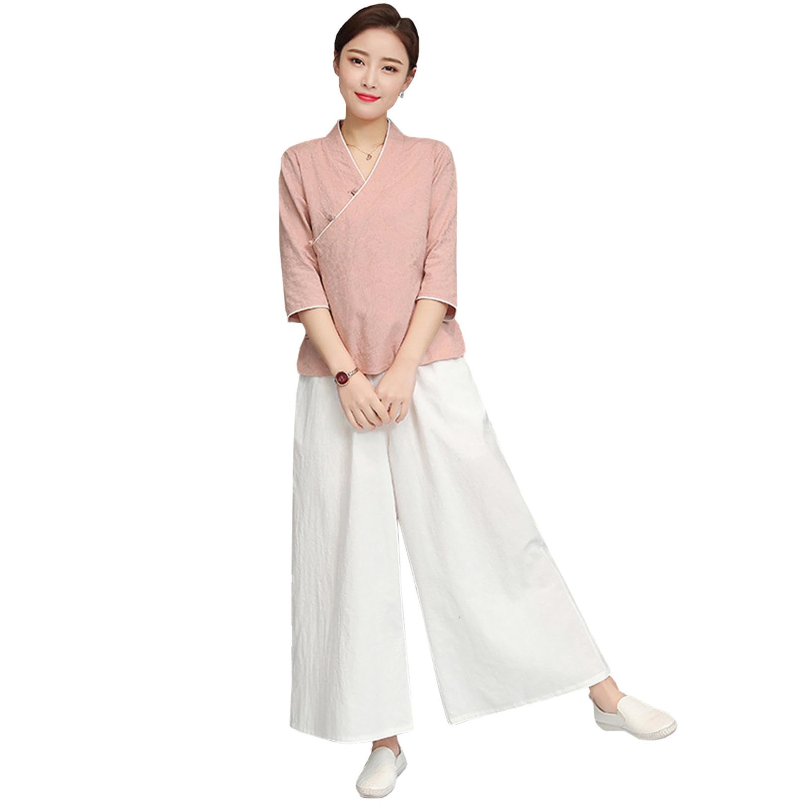 Tai Chi Kleidung für Damen, Kampfsportuniform aus Baumwolle und Leinen, Dreiviertelärmel, Zen-Meditationsanzug für Morgengymnastik, Alltagskleidung,Pink-XL