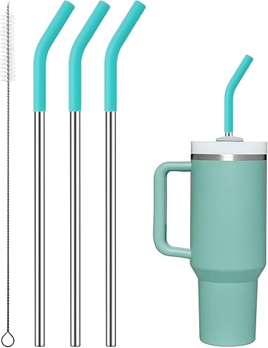 Paquete de 3 popotes de metal reutilizables con punta de silicona para vaso Stanley de 40 onzas, vaso de 0.315 in, 12.2 pulgadas, 40 onzas, popotes