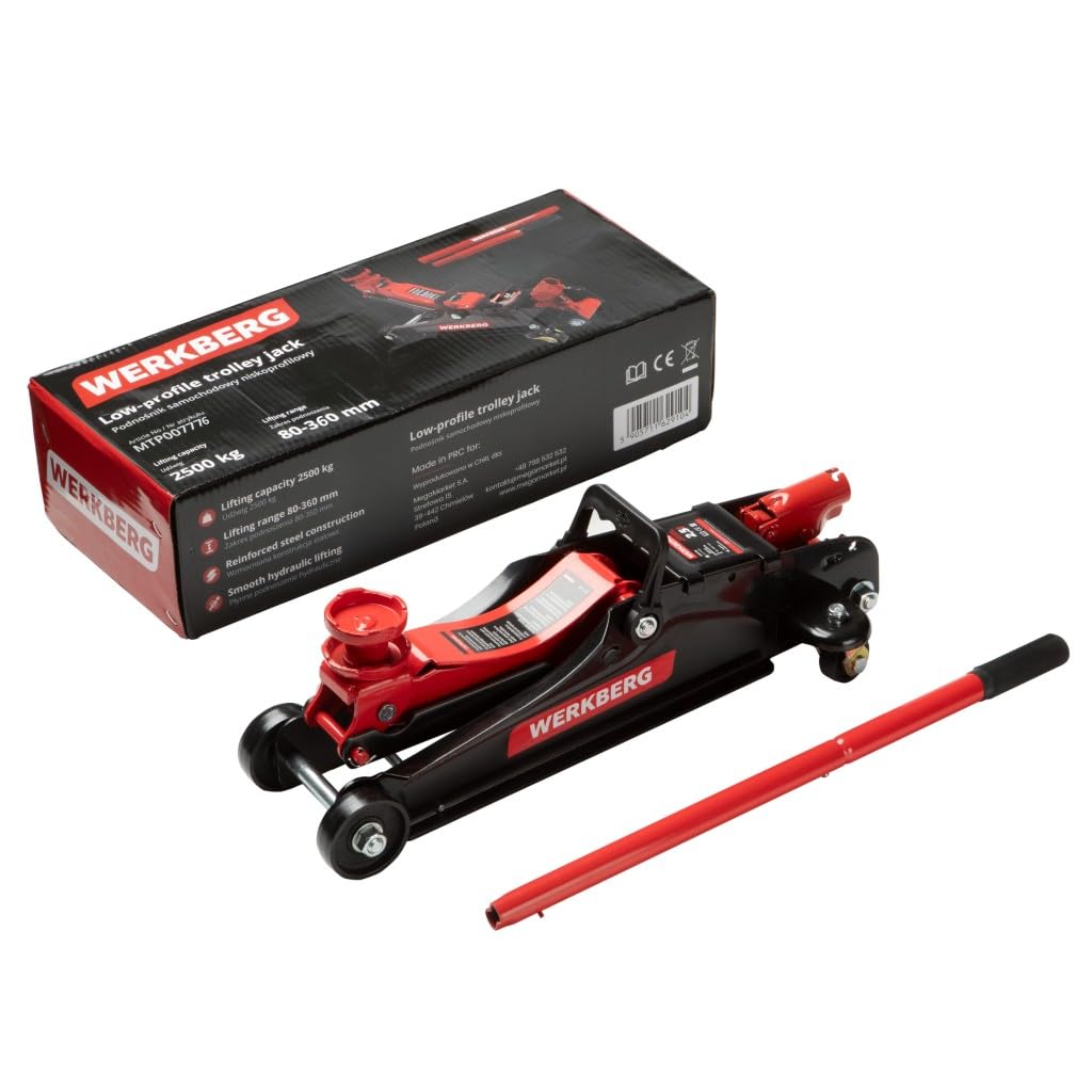 Cric idraulico per auto a basso profilo 2,5T 80-360 mm, rana da officina con valvola di sicurezza e blocco, rosso