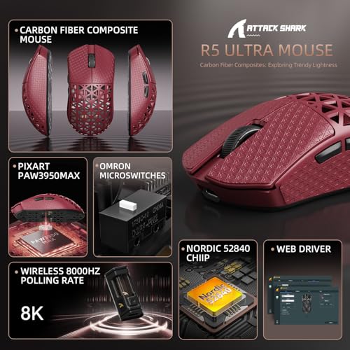 Image of R5Ultra 8K Carbon Fiber Wireless Gaming Mouse with 42000 DPI -PAW3950 MAX Sensor -39g Ultra-Lightweight-Nordic 52840 MCU Chip-Wired /BT /2.4GHz Wirelss Programmable Mouse Tape for PC /Mac (Red)