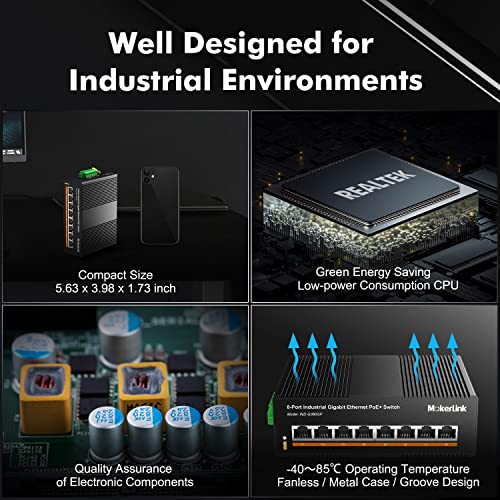 Image of MokerLink 8 Port PoE Gigabit Industrial DIN-Rail Ethernet Switch, 96W PoE+ Power, 16Gbps Switching Capacity, IP40 Rated Unmanaged Network Switch (-40 to 185F), with Power Supply