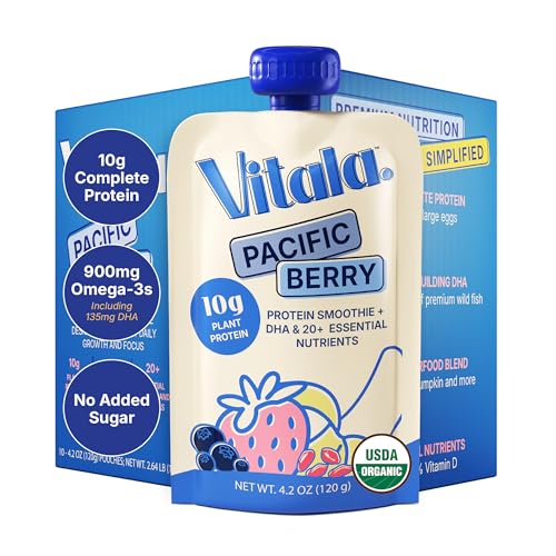Vitala Organic Protein Smoothie Pouches for Kids & Adults 10g Plant Protein 135mg DHA 900mg Omega-3 Real Vegetables No Added Sugar Allergen Free Ivy League Developed 10 Count (Pacific Berry)