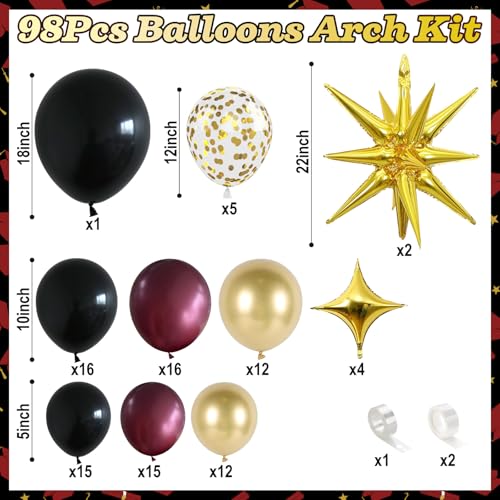 Image of Black Burgundy Gold Balloons Arch Kit, Maroon Black Gold Balloons Arch Garland, 98Pcs Black Red Metallic Gold Balloons with Stars Balloon for Birthdays Retirement Graduation Celebrations Class of 2025