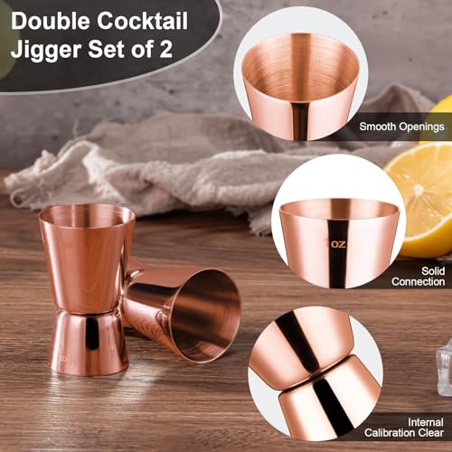 Image of Briout Double Cocktail Jigger Set - 2 Pcs Japanese Premium 304 Food Grade Stainless Steel, 1 OZ 1 /2 OZ, Flat Edge Rose Gold