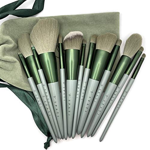 Makeup Brush Set, SPATI 13 pcs Soft Green Premium Cosmetics Makeup Brush Foundation Mixed Blush Concealer Pen Shade Eyeshadow Eyeliner, Compatible, With Velour Travel Makeup Bag