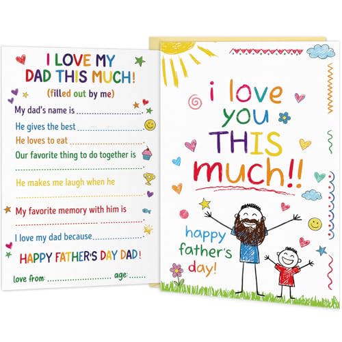 Image of FLYAB Fathers Day Card from Daughter Son Kids- Fill in the Blanks I Love My Dad This Much Funny Fathers Day Card for Dad, Interactive Gift with Gold Envelope & Sticker, 5.5 inchx 8 inch