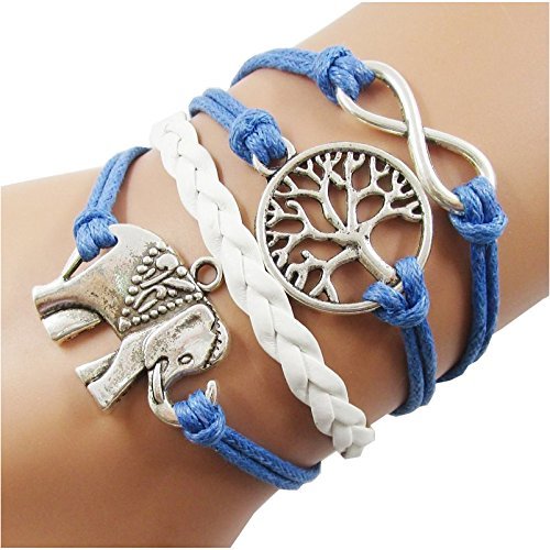 Jovana Tree and Cute Elephant Leather Wrap Bracelet Blue and Silver