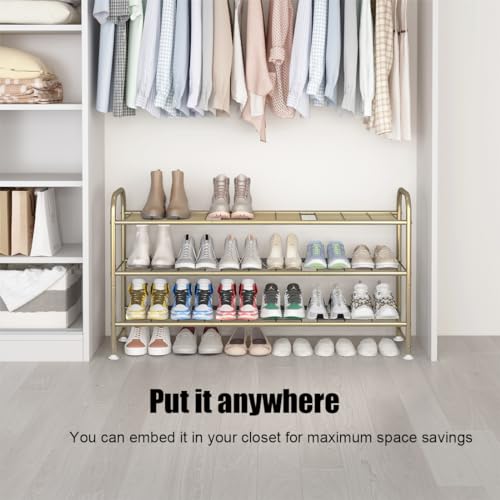 Image of LINZINAR Shoe Rack Long 3 Tier Shoe Storage Organizer Metal Wide Shoe Shelf for Closet Entryway Bedroom 24 Paris Large Capacity, Gold