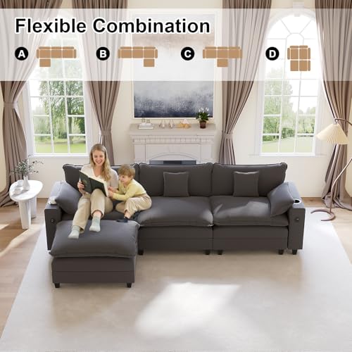 Image of KCGKCG 116 inch Modular Sectional Couch, L Shaped Cloud Couch with Movable Ottoman, Deep Seat Cloud Sofa with Charging Station, Cup Holder, Side Pocket, Chenille Sectional Couches for Living Room, Grey