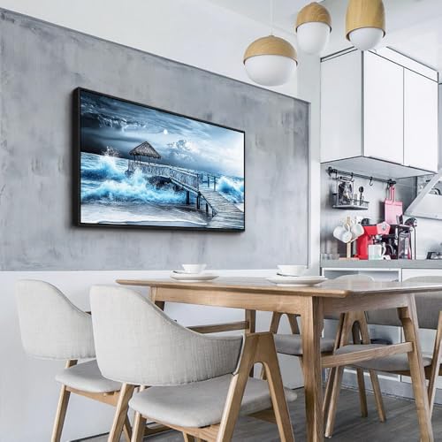 ERQINHUA Wall Decor For Living Room Canvas Wall Art For Bedroom Office Blue Wave Landscape Painting Black Frame Murals Artwork For Modern Stretched and Framed Beach Posters Home Decor 20"X40"