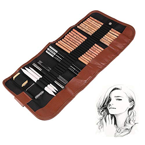 18pcs Que Bosqueja el Sistema del Lápiz, Bosquejo del Carbón de Leña de la Pluma de AOZBZ Fijado Con la Caja de Lápiz de la Lona Para el Artista de Los Principiantes o los Cabritos