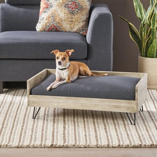 Udorich Stylish Mid-Century Modern Dog Bed with Water-Resistant Cushion, Acacia Wood Frame, Hairpin Legs, Black and Grey