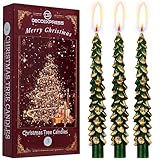 Deco Express Candele per Albero di Natale, Set da 3 Candele da Tavola con Durata di 7 Ore, Centrotavola e Decorazioni Natalizie, Idea Regalo Xmas (Verde/Oro, 3 Pezzi)