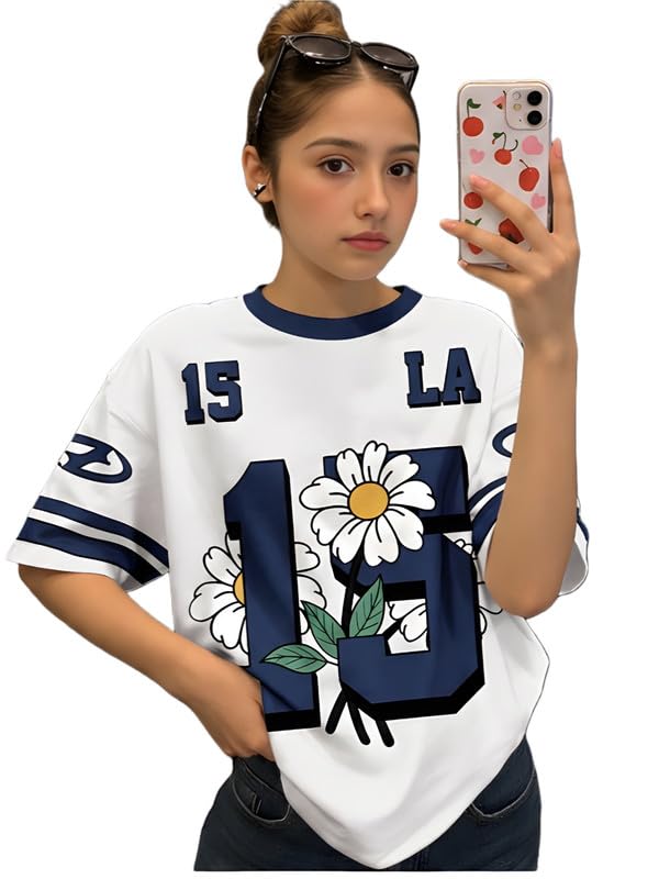 Image of KSHS Cotton Oversized T-Shirt for Women, Printed Loose Fit Womens Tshirt, Soft Cotton Fabric, Round Neck Half Sleeve Casual Top, Aesthetic Drop Shoulder Style Tee