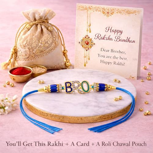 Image of JAIPUR ACE BRO Designer Rakhi Gift Set for Brother | Blue Thread Rakhi with Greeting Card & Roli Chawal Pouch | Premium Raksha Bandhan Gift | Traditional Brother Rakhi | Bro Rakhi