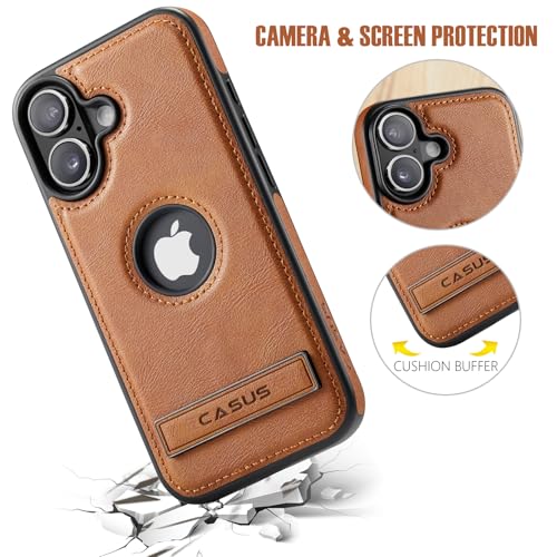 Image of Casus for iPhone 17 Case with MagSafe, Slim Kickstand Vegan Leather Protective Cover with Tempered Glass Screen Protector, 6.3 Inch (2025), Brown