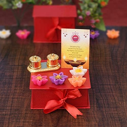 Frienemy Presents Diwali Gift Combo - Set of 4 Wax Floating Candles with Golden Finish Kumkum Dani Chandan Roli Box - Diwali Decoration Items for Home - Diwali Gifts #Frienemy-0380