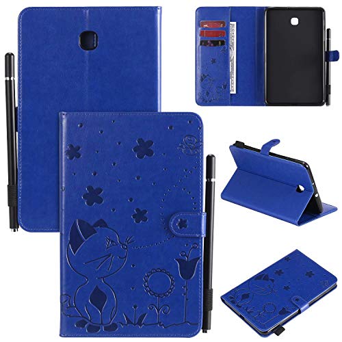 Hülle für Samsung Galaxy Tab A 8.0 2018 / SM-T387 {8"},Pu Leder Katze Biene Schutzhülle Case Cover mit Ständer Stift Halter Funktion,Blau