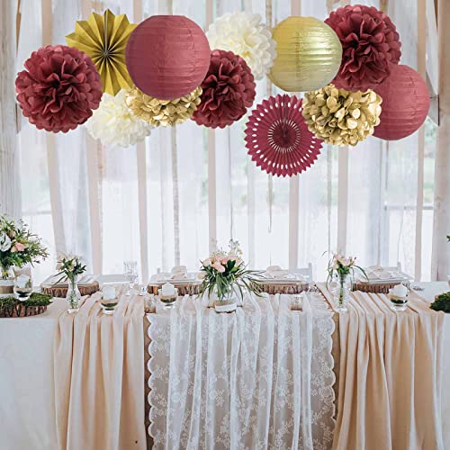 Image of ANSOMO Burgundy and Gold Party Decorations Maroon Wine Dark Red Paper Fans Lanterns Tissue Pom Poms Wall Hanging Decor Supplies Bridal Baby Shower Birthday Wedding Graduation (Pack of 3)