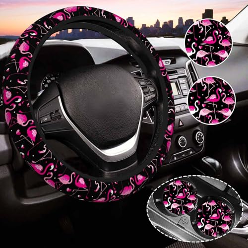 Flamingo Steering Wheel Cover For Women, Universal Auto Steering Wheel 14-15 Inch Car Interior Accessories With 2Pcs Car Coasters, Suitable For Men And Women