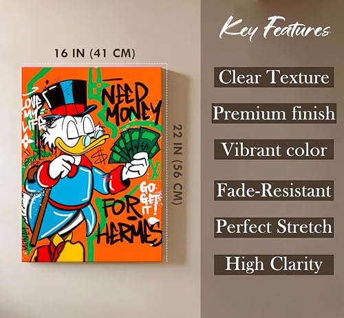 Image of Modern Pop Art Duck Money Canvas Wall Art Painting For Living Room | Graffiti Street Art Canvas Painting | Bold Cartoon Artwork for Home, Office & Cafe Decor, 41x56 cm