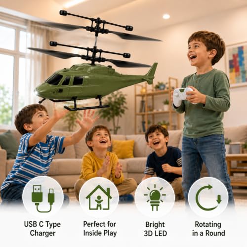 Image of Unique Design RC Helicopter for Kids with Safety Sensor & Gravity Sensor | LED Light | Rechargeable Flying Toy | Indoor & Outdoor Flying | Up & Down Movement | Remote Battery Not Included (Army Green)