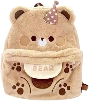 Cute Backpack for Teen Girl Plush Bear Kawaii Fluffy Backpack Travel Casual Backpack Brown