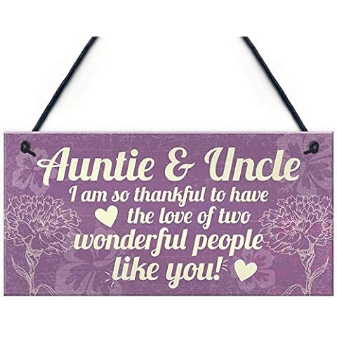 POWERMAZ Auntie and Uncle Birthday Gifts Hanging Wood Signs Plaque Shabby Chic Signs for Home Decor 12x6(BW1991) Cover