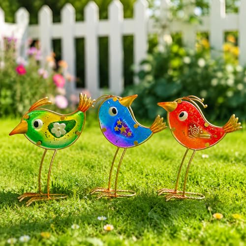 HONGLAND 9Inch Garden Decor, Set of 3 Funny Metal & Glass Bird Statues for Indoor Outdoor, Colorful Yard Art with Hand-Painted Glass, Gift for Home Garden Decorations