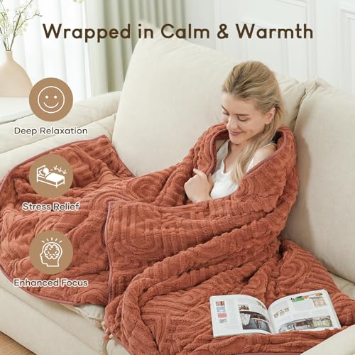 Image of Cottonblue Jacquard Weighted Blanket for Adults 20 lbs Queen Size, Cozy Fluffy Sherpa Fleece Weighted Throw Blankets 60 inch x 80 inch for Sleep Relax, Fuzzy Warm Arch Heavy Blanket for Bed Couch, Rust Pink