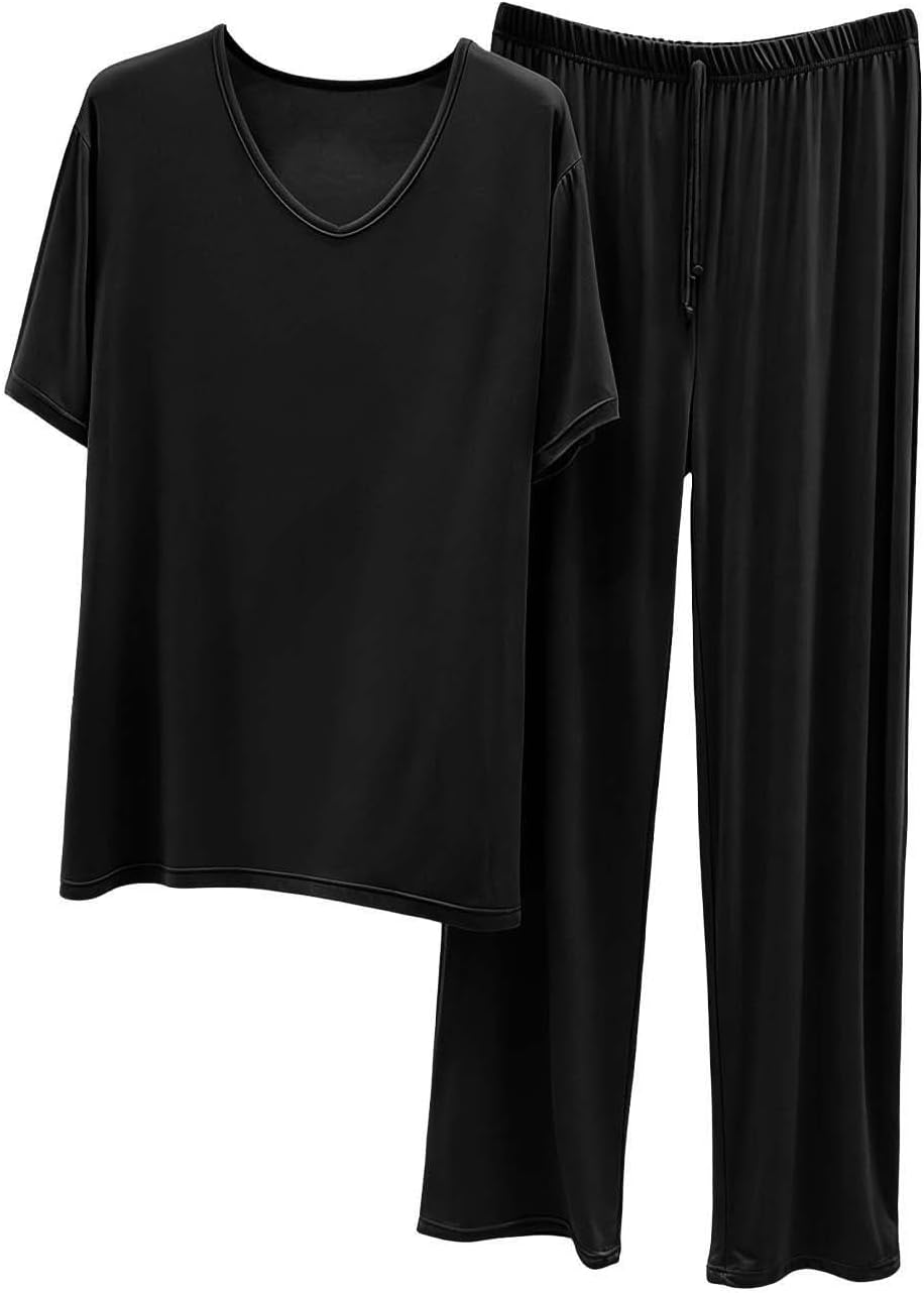 Cambkatl Men's Modal 2 Piece Outfits, Pullover Loose V Neck T-Shirts with Lounge Pants Matching Summer Pajamas Sets