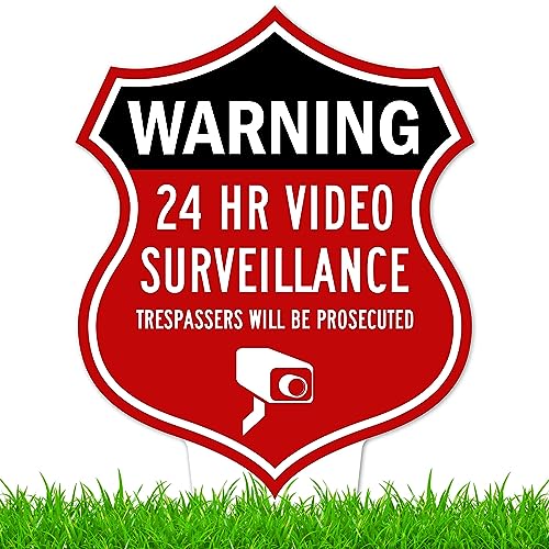 Image of Warning, 24 Hr Video Surveillance Sign, 11x21, Heavy Duty Integrated Ground Stakes, Indoor /Outdoor Use, Rust Free Aluminum Composite, Made in USA by My Sign center